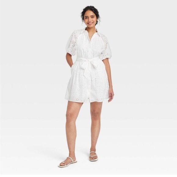 a new day Dresses & Skirts - Women's Eyelet Balloon Elbow Sleeve Mini Shirtdress - A New Day White M NWT